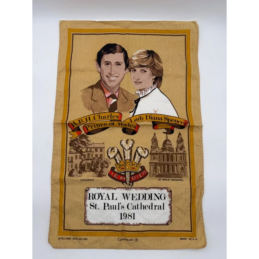 Vintage 1981 Royal Wedding Tea Towel Prince Charles Lady Diana St Pauls UK Made